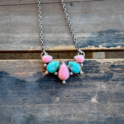 Pink Conch/Kingman Cluster Necklace