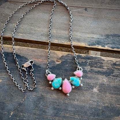Pink Conch/Kingman Cluster Necklace
