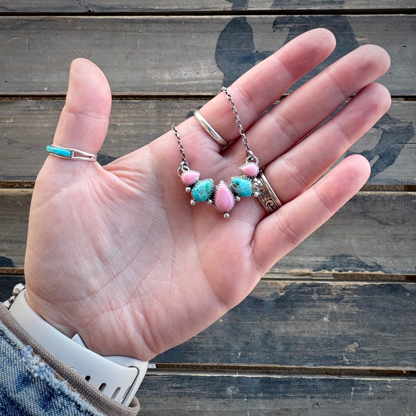 Pink Conch/Kingman Cluster Necklace